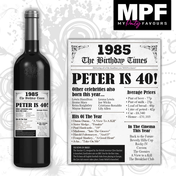 Personalised 1985 40th Birthday Wine Gin Vodka Bottle Label - Newspaper White