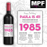 Personalised 1985 41st Birthday Wine Gin Vodka Bottle Label - Newspaper - Party