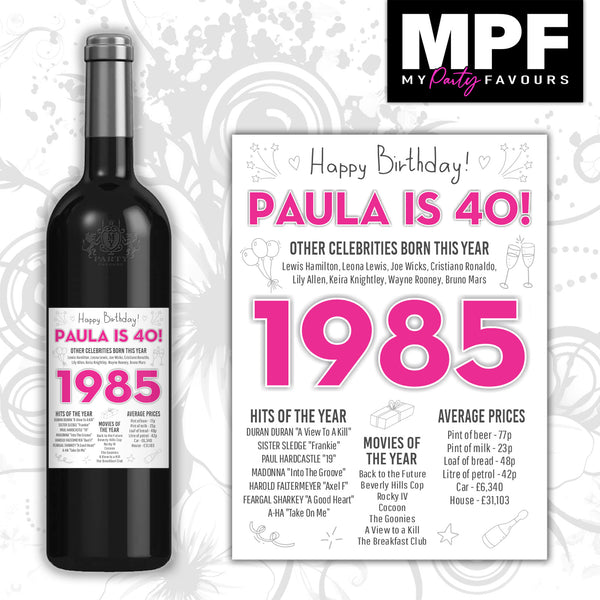 Personalised 1985 40th Birthday Wine Gin Vodka Bottle Label - Pink