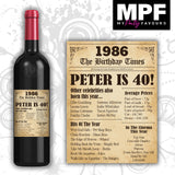 Personalised 1986 40th Birthday Wine Gin Vodka Bottle Label - Newspaper - Party