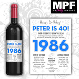 Personalised 1986 40th Birthday Wine Gin Vodka Bottle Label - Newspaper - Party