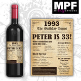 Personalised 1993 33rd Birthday Wine Gin Vodka Bottle Label - Newspaper - Party