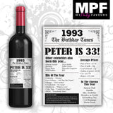 Personalised 1993 33rd Birthday Wine Gin Vodka Bottle Label - Newspaper - Party