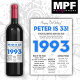 Personalised 1993 33rd Birthday Wine Gin Vodka Bottle Label - Newspaper - Party