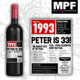 Personalised 1993 33rd Birthday Wine Gin Vodka Bottle Label - Newspaper - Party