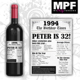 Personalised 1994 32nd Birthday Wine Gin Vodka Bottle Label - Newspaper - Party