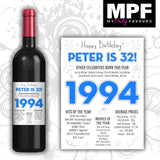 Personalised 1994 32nd Birthday Wine Gin Vodka Bottle Label - Newspaper - Party