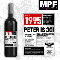 Personalised 1995 30th Birthday Wine Gin Vodka Bottle Label - Newspaper