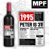 Personalised 1995 31st Birthday Wine Gin Vodka Bottle Label - Newspaper - Party