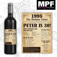 Personalised 1995 30th Birthday Wine Gin Vodka Bottle Label - Newspaper