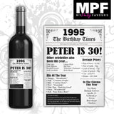 Personalised 1995 30th Birthday Wine Gin Vodka Bottle Label - Newspaper - Party