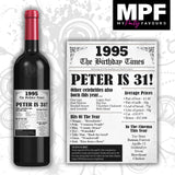 Personalised 1995 31st Birthday Wine Gin Vodka Bottle Label - Newspaper - Party
