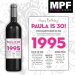 Personalised 1995 30th Birthday Wine Gin Vodka Bottle Label - Pink