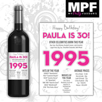 Personalised 1995 30th Birthday Wine Gin Vodka Bottle Label - Pink