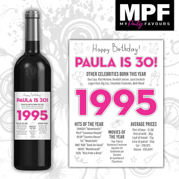 Personalised 1995 30th Birthday Wine Gin Vodka Bottle Label - Pink