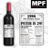 Personalised 1996 29th Birthday Wine Gin Vodka Bottle Label - Newspaper - Party