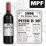 Personalised 1996 30th Birthday Wine Gin Vodka Bottle Label - Newspaper - Party