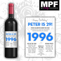 Personalised 1996 29th Birthday Wine Gin Vodka Bottle Label - Newspaper - Party