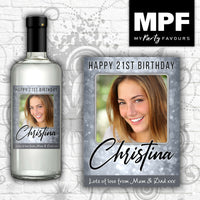 Personalised Birthday Photo Wine Gin Vodka Bottle Label - (Silver Sparkle) 18th, 21st, 30th, 40th