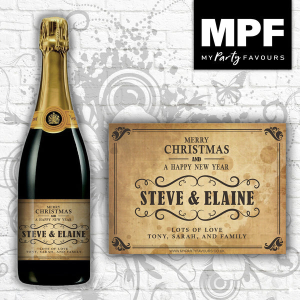 Personalised Christmas Champagne/Prosecco Bottle Label (Stained Effect Shabby)