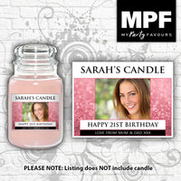 Personalised Photo Candle Label/Sticker (Pink Glitter)- Perfect birthday gift or any occasion!