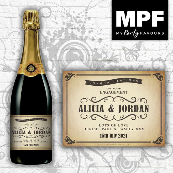 Personalised Engagement Champagne/Prosecco Bottle Label (Vintage Effect Shabby)