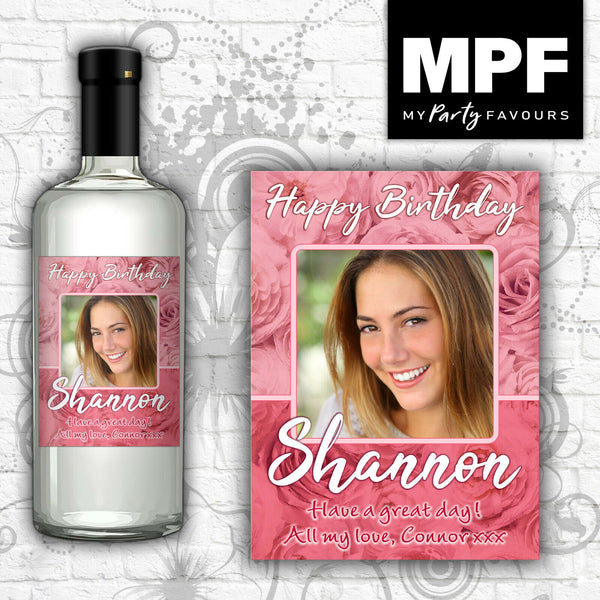 Personalised Birthday Photo Wine Gin Vodka Bottle Label (Roses pink) - 18th, 21st, 30th, 40th