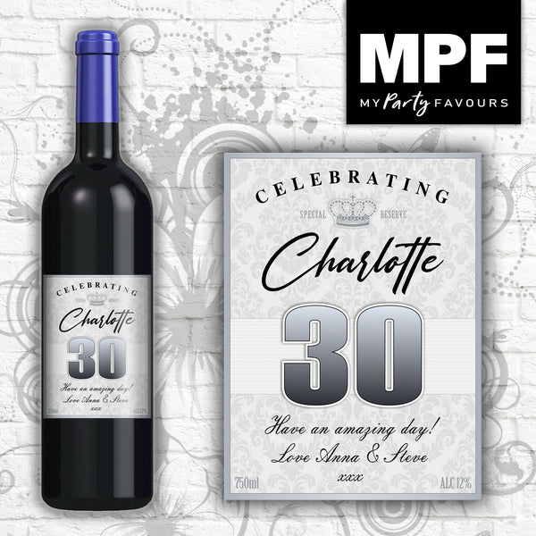 Personalised Birthday Wine Bottle Label - 18th, 21st, 30th, 40th (silver flock) (silver border)