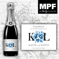 Personalised Wedding Champagne Bottle Label - Blue (Black Initials)