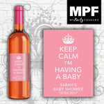 Personalised Wine Bottle Labels - Baby Shower 'Keep Calm' - PINK (Big 750ml)
