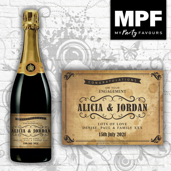 Personalised Engagement Champagne/Prosecco Bottle Label (Stained Effect Shabby)
