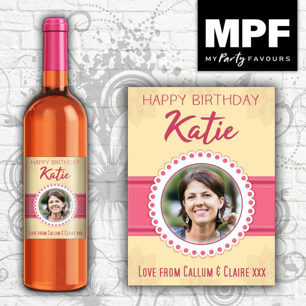 Personalised Photo Birthday Wine Bottle Label Gift (Ribbon)- Any Name, Message & Photo