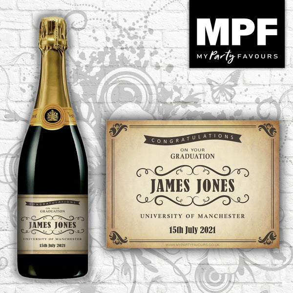Personalised Graduation Champagne/Prosecco Bottle Label (Vintage Effect Shabby)