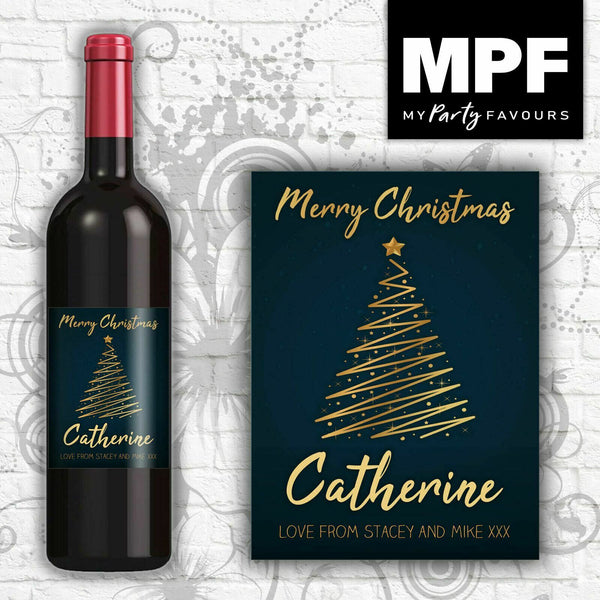 Personalised Christmas Wine Bottle Label (Blue)- Any Names and Message - Perfect gift!