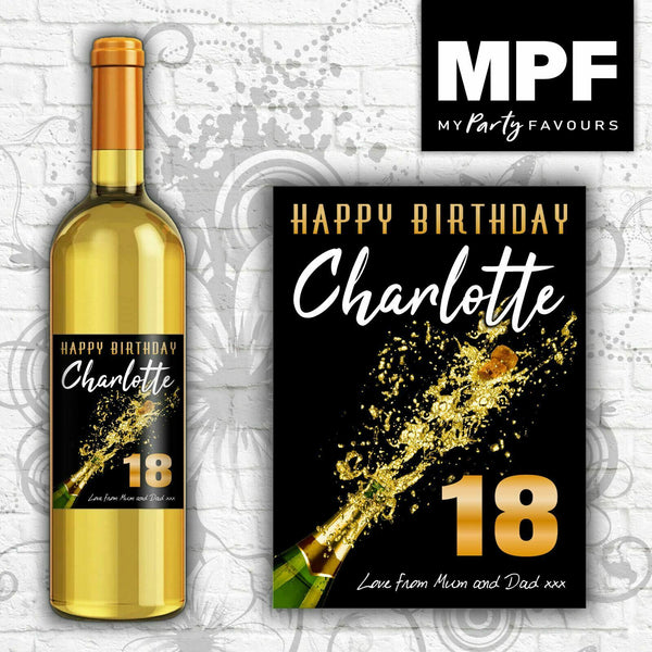 Personalised Birthday Wine Bottle Label - Any Name, Age & Message - Popped Cork! (Black)
