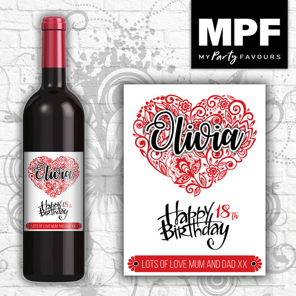 Personalised Heart Wine Bottle Label (Red & Black) - Perfect Birthday Gift (Any Age & Message)
