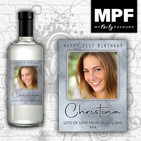 Personalised Birthday Photo Wine Gin Vodka Bottle Label - (Silver Bullion) 18th, 21st, 30th, 40th