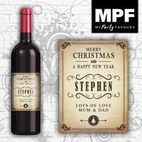 Personalised Christmas Wine Bottle Label (Vintage Effect Shabby) - Novelty gift!