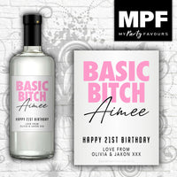 Personalised Birthday Gin Vodka Bottle Label 'Basic Bitch' (Pink) - Any Age or Occasion