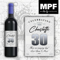 Personalised Birthday Wine Bottle Label - 18th, 21st, 30th, 40th (silver flock) (light border)