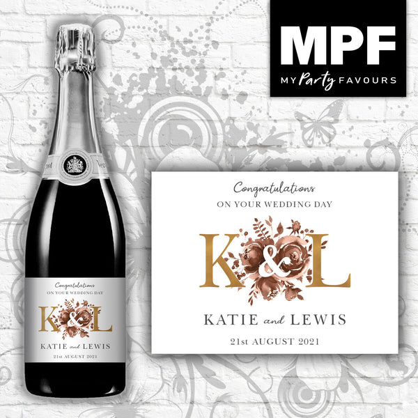 Personalised Wedding Champagne Bottle Label - Bronze (Gold Initials)