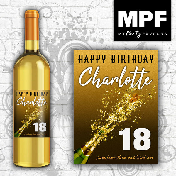 Personalised Birthday Wine Bottle Label - Any Name, Age & Message - Popped Cork! (Gold)