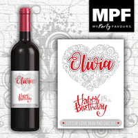 Personalised Heart Wine Bottle Label (Grey & Red) - Perfect Birthday Gift (Any Age & Message)