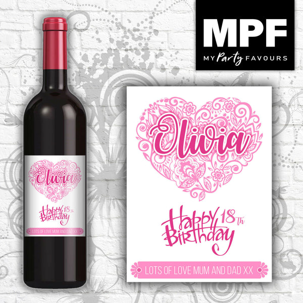Personalised Heart Wine Bottle Label (Pink) - Perfect Birthday Gift (Any Age & Message)