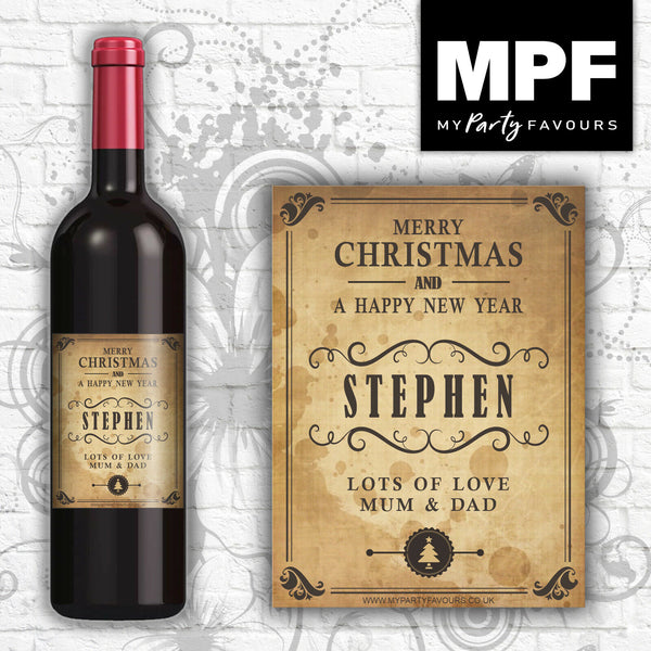 Personalised Christmas Wine Bottle Label (Vintage Stained Effect Shabby) - Novelty gift!