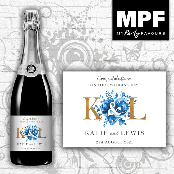 Personalised Wedding Champagne Bottle Label - Blue (Gold Initials)