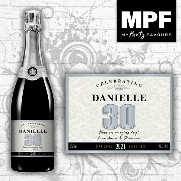 Personalised Birthday Champagne Bottle Label 18th, 21st, 30th, 40th SILVER