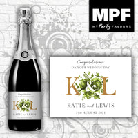 Personalised Wedding Champagne Bottle Label - Green (Gold Initials)