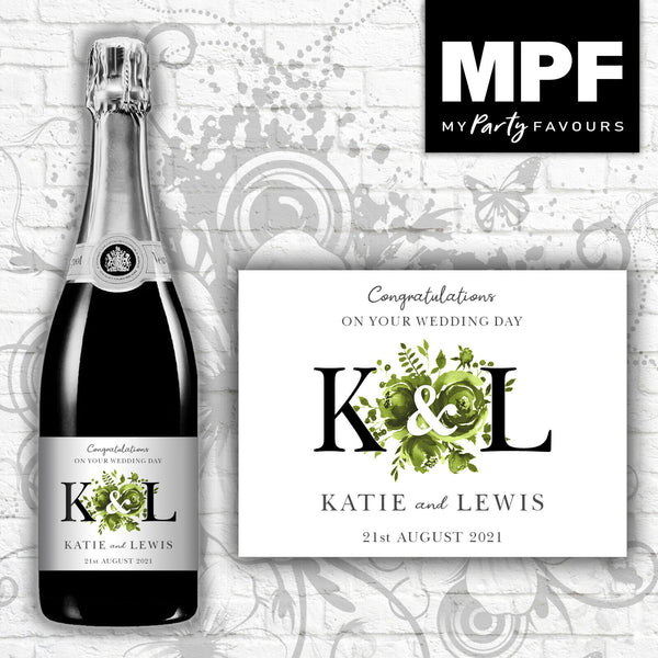 Personalised Wedding Champagne Bottle Label - Green (Black Initials)