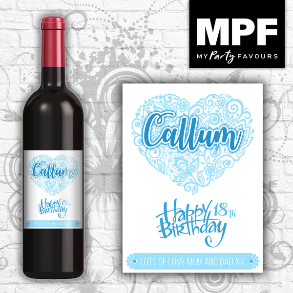 Personalised Heart Wine Bottle Label (Blue) - Perfect Birthday Gift (Any Age & Message)